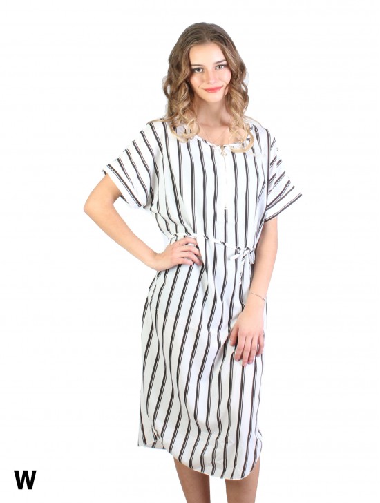 Vertical Strip Print Dress W/ Belt & Zipper